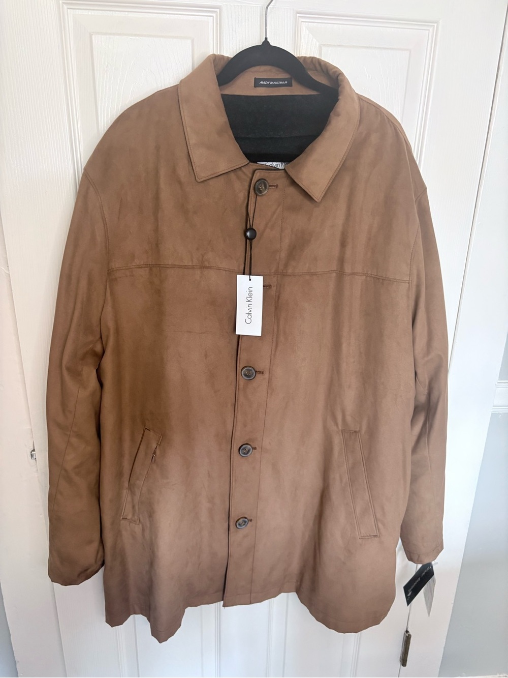 Calvin Klein Faux Suede Water Repellent Car Coat Wool Lined Tan 46 Long NWT - Picture 2 of 9